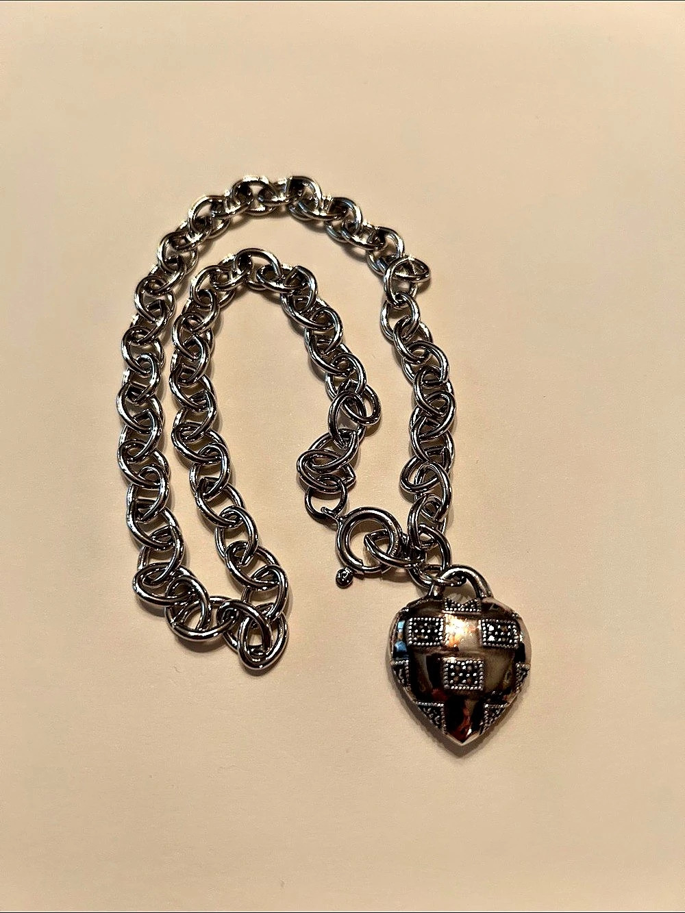 Judith Jack Sterling Silver Marcasite Heart Lock Chain Necklace